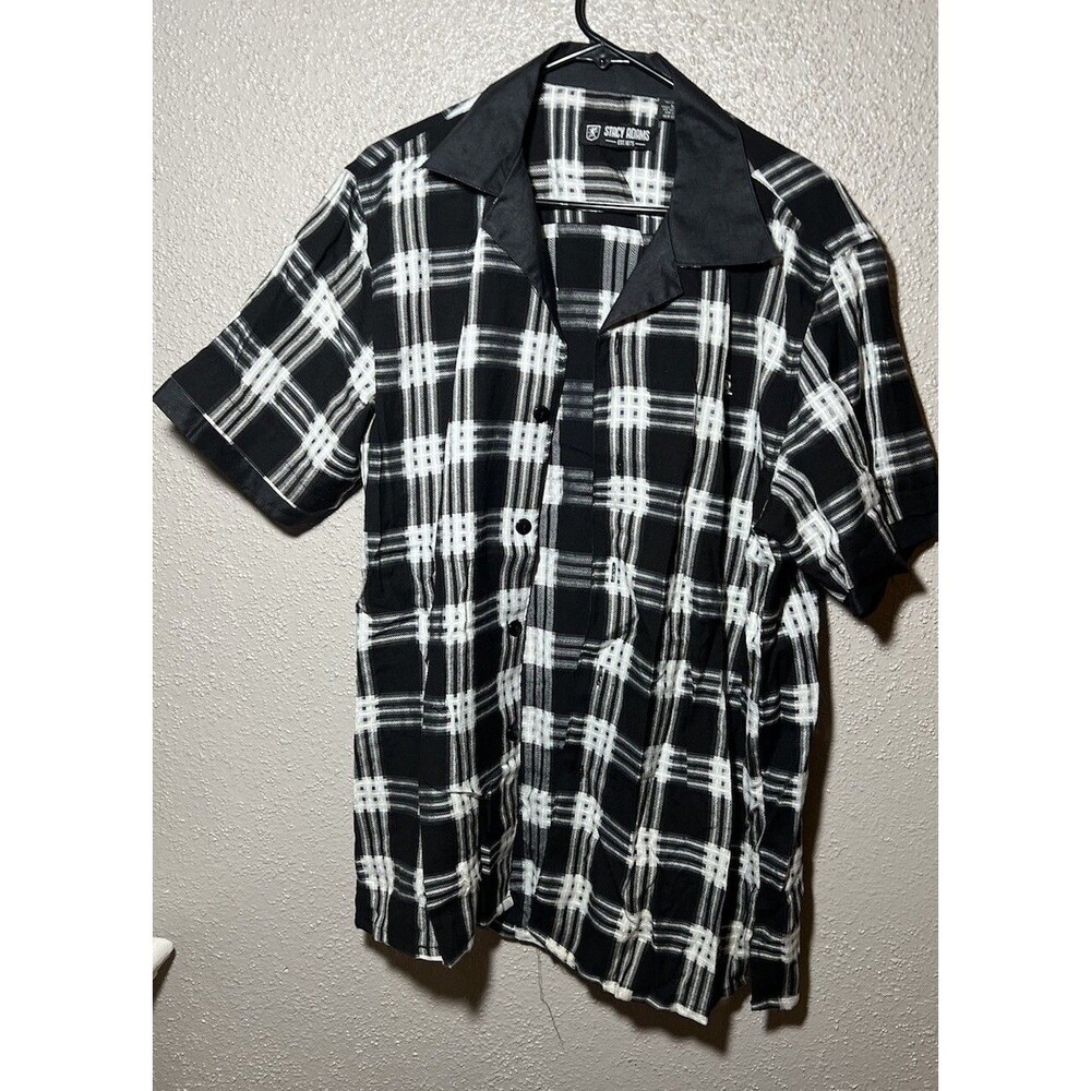 Stacy Adams Men's M Black And White Short Sleeve Button-Down Shirt %100 Ramie